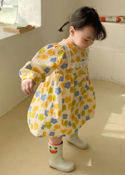 Cute Yellow O Neck Print Cotton Kids Girls Robe Dresses Fall