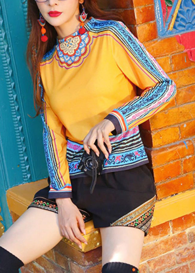 Cute Yellow O-Neck Print Patchwork Top Long Sleeve