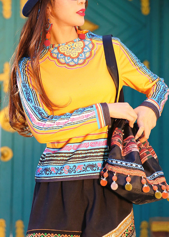 Cute Yellow O-Neck Print Patchwork Top Long Sleeve