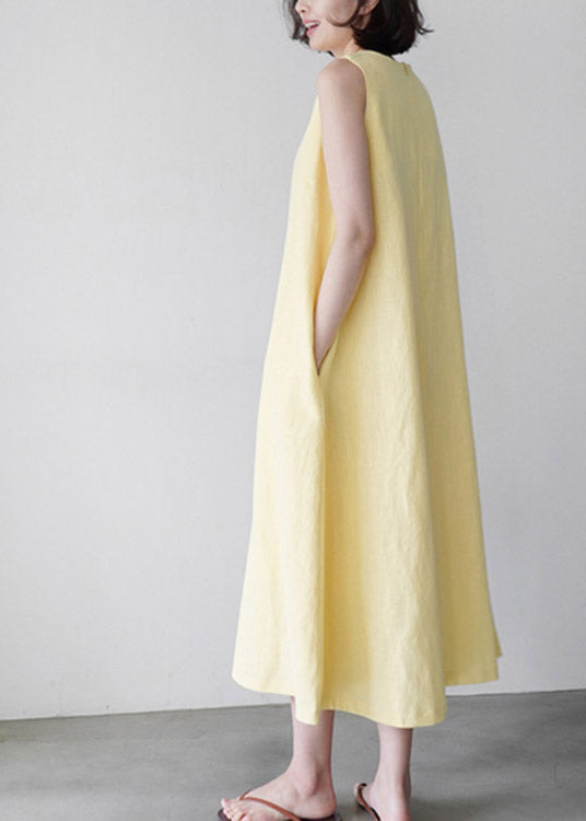 Cute Yellow O-Neck Solid Long Slip Dresses Summer