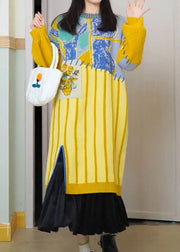 Cute Yellow O-Neck Striped Cotton Knit Maxi Dress Long Sleeve