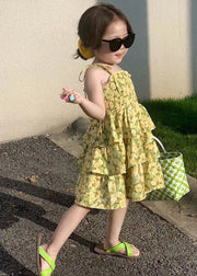 Cute Yellow Print Wrinkled Patchwork Chiffon Baby Girls Sundress Summer