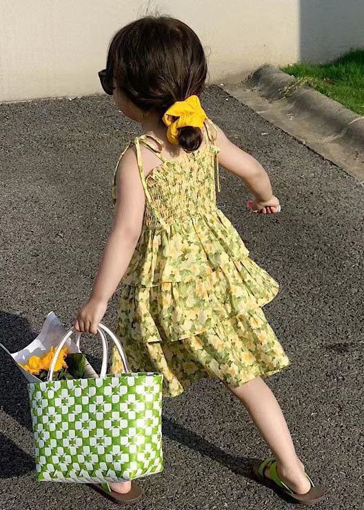Cute Yellow Print Wrinkled Patchwork Chiffon Baby Girls Sundress Summer