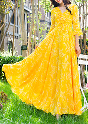 Cute Yellow Ruffled Print Slim Chiffon Maxi Holiday Dress Spring