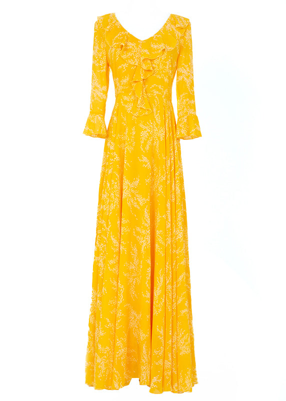 Cute Yellow Ruffled Print Slim Chiffon Maxi Holiday Dress Spring