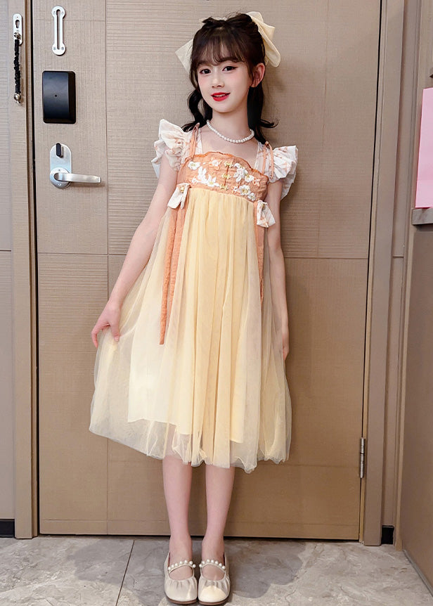 Cute Yellow Slash Neck Embroidered Patchwork Tulle Kids Long Dress Summer