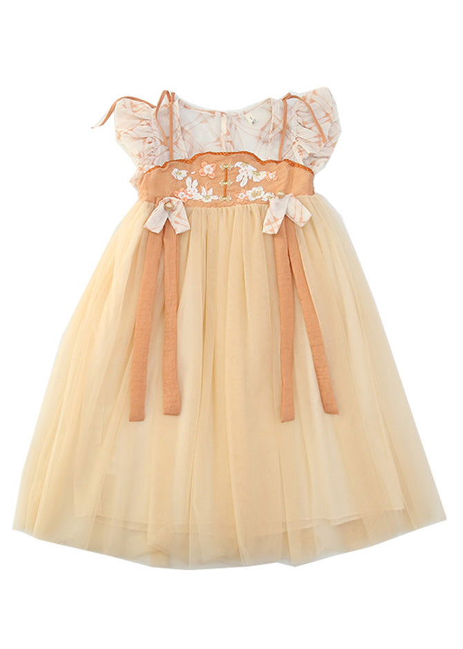 Cute Yellow Slash Neck Embroidered Patchwork Tulle Kids Long Dress Summer