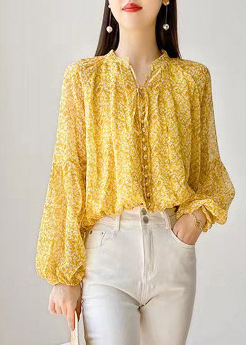 Niedliches gelbes Chiffon-Hemd mit langen Ärmeln und Stehkragen zum Schnüren