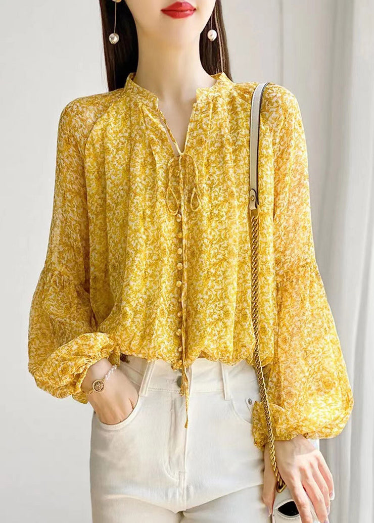 Cute Yellow Stand Collar Print Button Lace up Chiffon Shirt Long sleeve