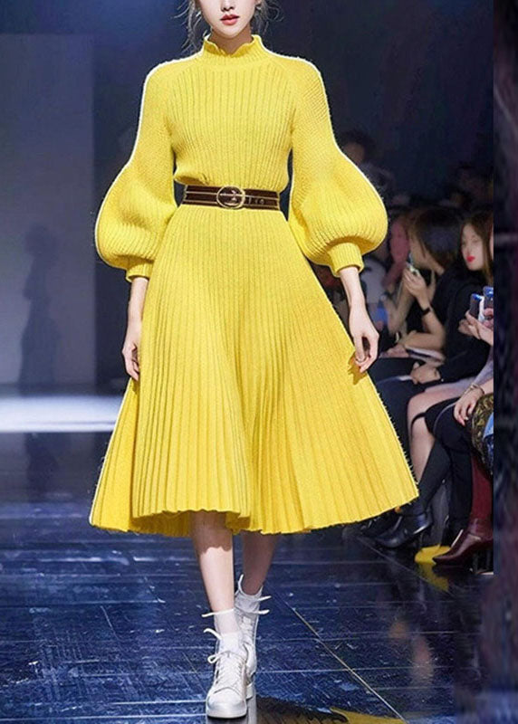 Cute Yellow Tunic Cotton Knit Sweater Dress Lantern Sleeve