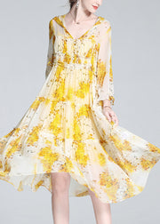 Cute Yellow V Neck Print Patchwork Button Silk Long Dress Spring
