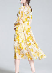 Cute Yellow V Neck Print Patchwork Button Silk Long Dress Spring