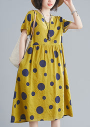 Cute Yellow Wrinkled V Neck Pockets Dot Print Cotton Dresses Short Sleeve
