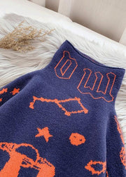 Cute alphabet prints navy knitwear  plus size high neck knit blouse - SooLinen