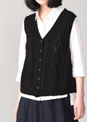 Cute back open knit cardigans oversized sleeveless v neck knit outwear black - SooLinen
