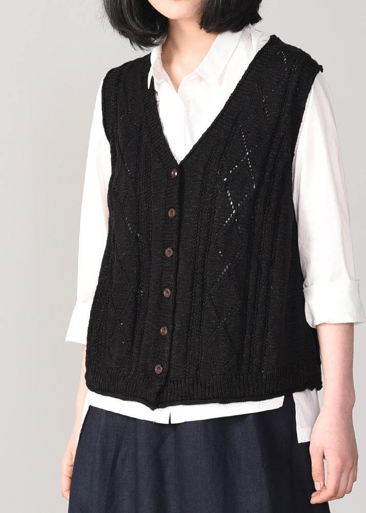 Cute back open knit cardigans oversized sleeveless v neck knit outwear black - SooLinen