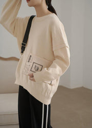 Cute beige crane tops o neck Cinched plus size sweaters - SooLinen