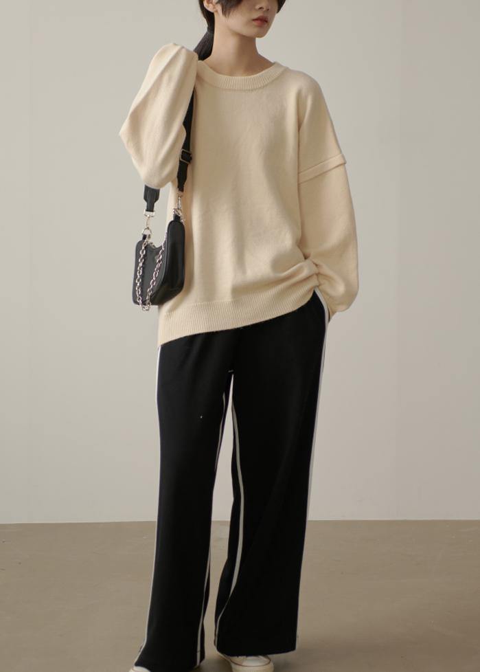Cute beige crane tops o neck Cinched plus size sweaters - SooLinen