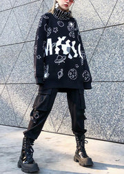 Cute black Cartoon print knitted t shirt casual high neck knit sweat tops - SooLinen