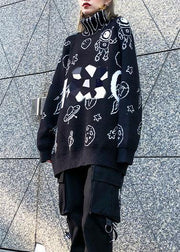 Cute black Cartoon print knitted t shirt casual high neck knit sweat tops - SooLinen