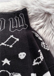 Cute black Sweater Blouse high neck oversized alphabet print knitted blouse - SooLinen