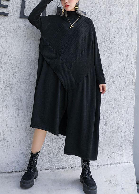 Cute black Sweater dress outfit plus size side open asymmetric oversized fall knit top - SooLinen