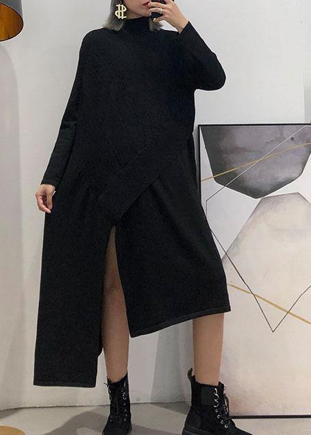 Cute black Sweater dress outfit plus size side open asymmetric oversized fall knit top - SooLinen