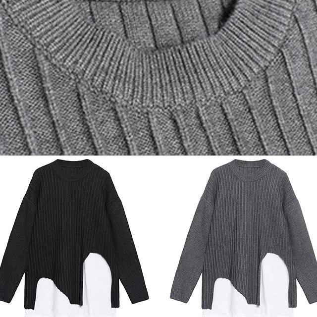 Cute black knit tops o neck false two pieces oversize knitted blouse - SooLinen