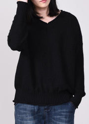 Cute black knit tops plus size autumn sweater v neck - SooLinen