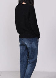 Cute black knit tops plus size autumn sweater v neck - SooLinen