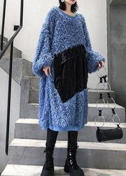 Cute blue Sweater weather plus size o neck tassel Big sweater dresses - SooLinen