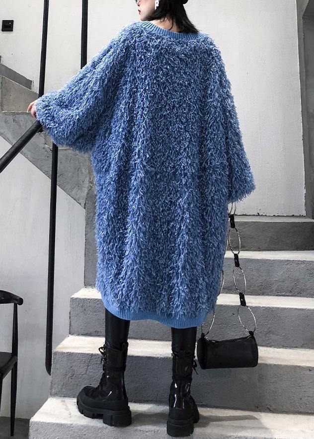 Cute blue Sweater weather plus size o neck tassel Big sweater dresses - SooLinen