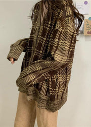 Cute brown plaid knit cardigans Loose fitting winter knit outwear v neck - SooLinen