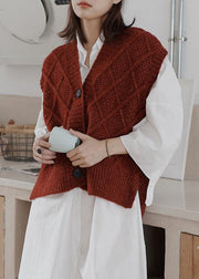 Cute burgundy sweater tops Loose fitting sleeveless knitwear v neck - SooLinen