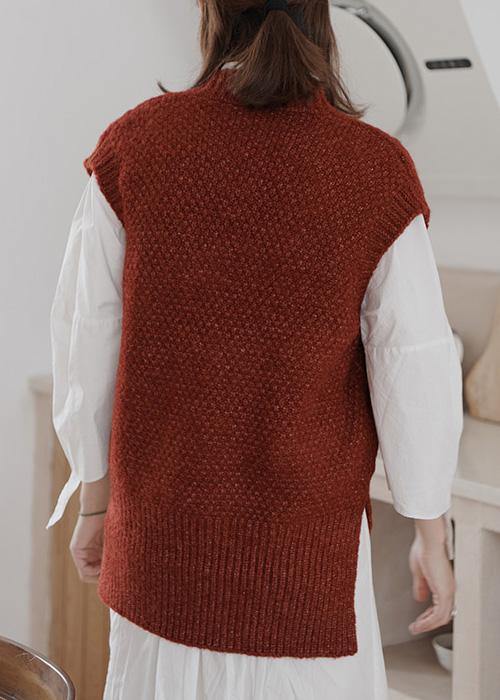 Cute burgundy sweater tops Loose fitting sleeveless knitwear v neck - SooLinen