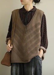 Cute fall knit outwear fashion brown v neck sleeveless knitted cardigans - SooLinen