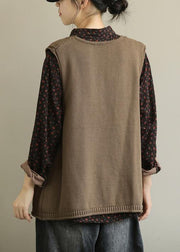 Cute fall knit outwear fashion brown v neck sleeveless knitted cardigans - SooLinen