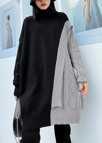 Cute gray clothes For Women high neck patchwork trendy plus size knitwear - SooLinen