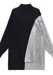 Cute gray clothes For Women high neck patchwork trendy plus size knitwear - SooLinen