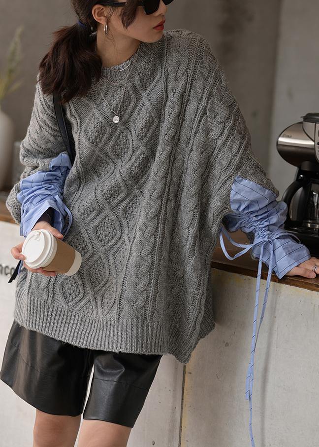 Cute gray knitted blouse casual o neck patchwork clothes For Women - SooLinen
