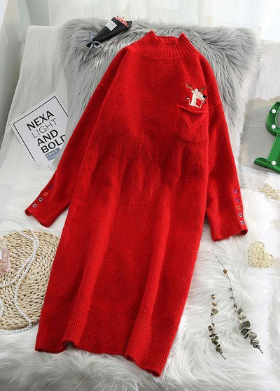 Cute half high neck Sweater spring weather plus size red Mujer knit dress - SooLinen