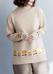 Cute nude knit top silhouette Sun flower plus size side open knitwear - SooLinen