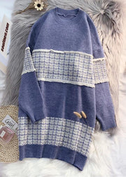 Cute o neck  Sweater blue knit top pattern Upcycle patchwork DIY knit dress - SooLinen