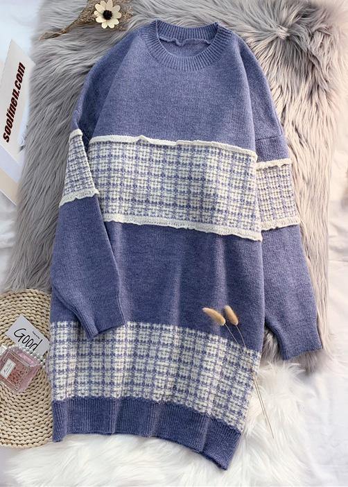 Cute o neck  Sweater blue knit top pattern Upcycle patchwork DIY knit dress - SooLinen