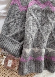 Cute o neck Sweater dress outfit plus size dark gray striped oversized knit dresses - SooLinen