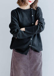 Cute o neck black knitwear plus size clothing pockets knit blouse - SooLinen