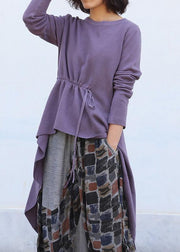 Cute purple clothes trendy plus size o neck knitted blouse drawstring asymmetric - SooLinen