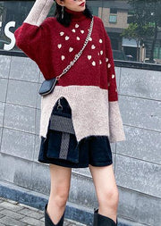 Cute red clothes For Women side open fall fashion patchwork knit sweat tops - SooLinen