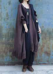 Cute tassel knit outwear plus size chocolate Batwing Sleeve knitted jackets - SooLinen