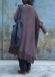 Cute tassel knit outwear plus size chocolate Batwing Sleeve knitted jackets - SooLinen
